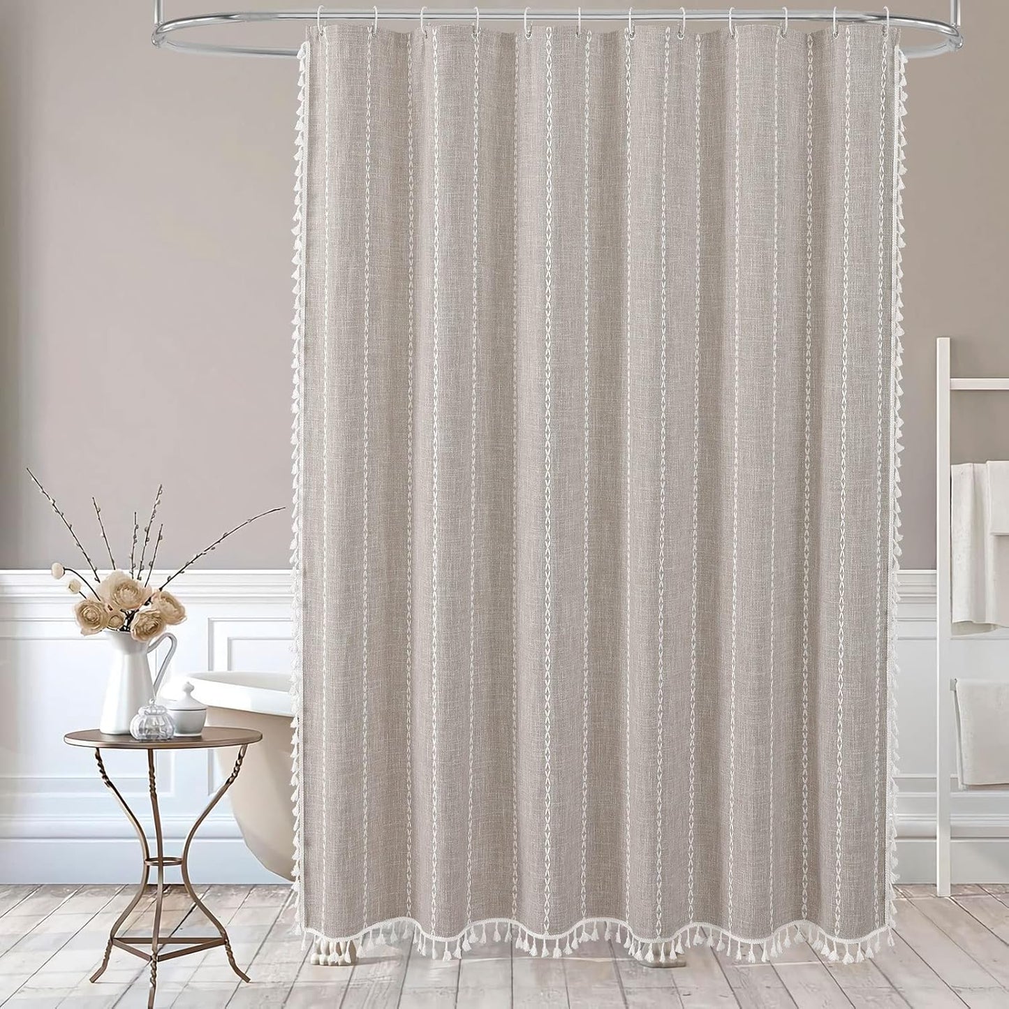 MitoVilla Boho Long Shower Curtain 72 x 78, Farmhouse 78 inch Long Polyester Linen Fabric Shower Curtains with Tassel for Chic Cottagecore French Rustic Bathroom Decor, Tan Brown