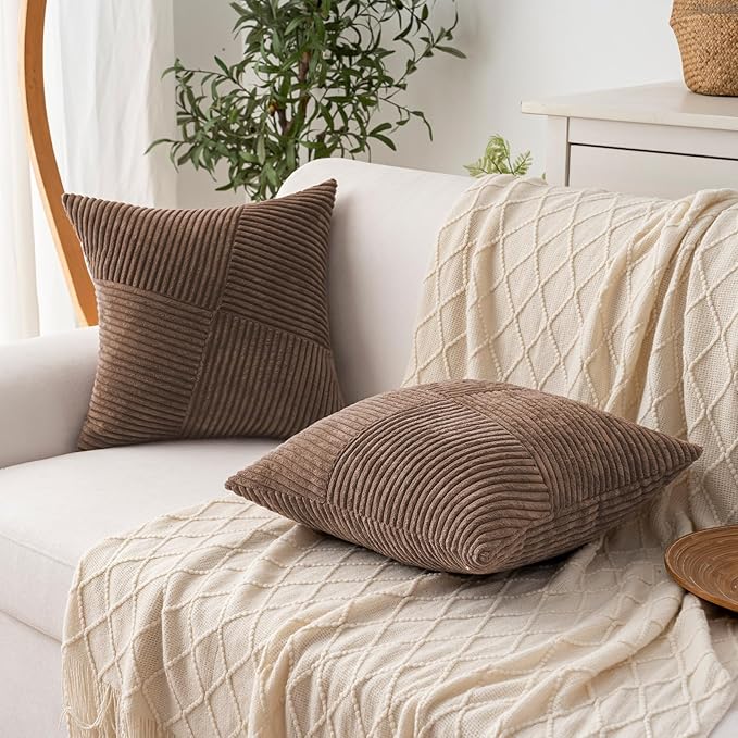 Decorative Throw Pillow Covers 18x18 Inch Set of 2 for Boho Living Room Farmhouse Home Decor, Spring Pillow Covers for Couch Bed, Soft Corduroy Striped Patchwork Cushion Cases, Terracotta