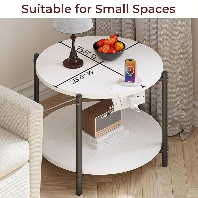LIKIMIO Round Side Table Set of 2, 23.6" W End Table with Charging Station, Modern Wooden Nightstand for Small Spaces, Living Room, Bedroom, White