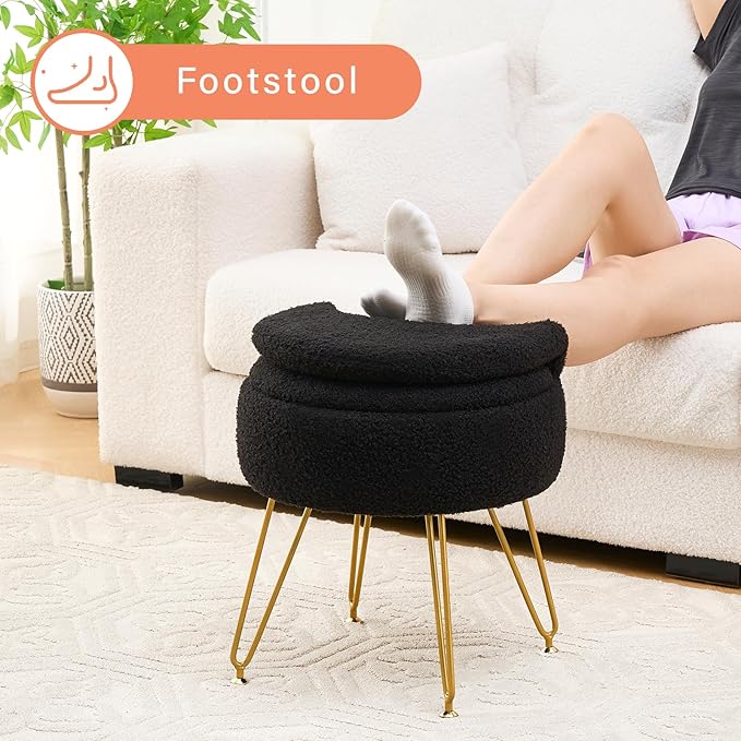Storage Ottoman Vanity Stool Chair with Folding Back Teddy Velvet Makeup Chair Multifunctional Upholstered Footstool for Bathroom Vanity Bedroom Living Room Entryway