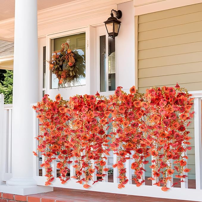 Artificial Fall Flowers for Outdoor, 4 Pcs Faux Pansy Fake Mums Plant Hanging Flowers Outdoor Fall Decor, UV Resistant Silk Flower for Front Door Porch Planter Patio Yard Garden(Orange Autumn Red)