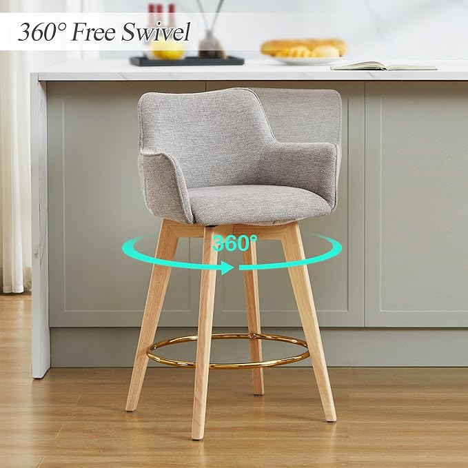 Counter Height Swivel Counter Stools, Linen Upholstered Bar Stools with Back, Arms, Solid Wooden Legs, 26 Inch Chairs for Kitchen Island, Home Pub, Bar, 1 Pcs, Grey