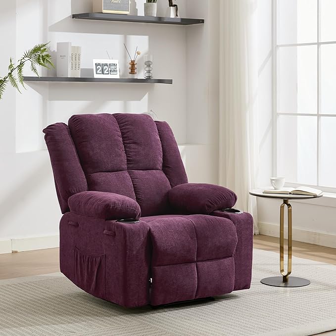 Manual Recliner Chair with Heating & Massage,Ergonomic Overstuffed Breathable Fabric Reclining Chair with Side Pockets,Q235 Steel Frame Lazy Boy Recliner Single Sofa for Living Room Bedroom