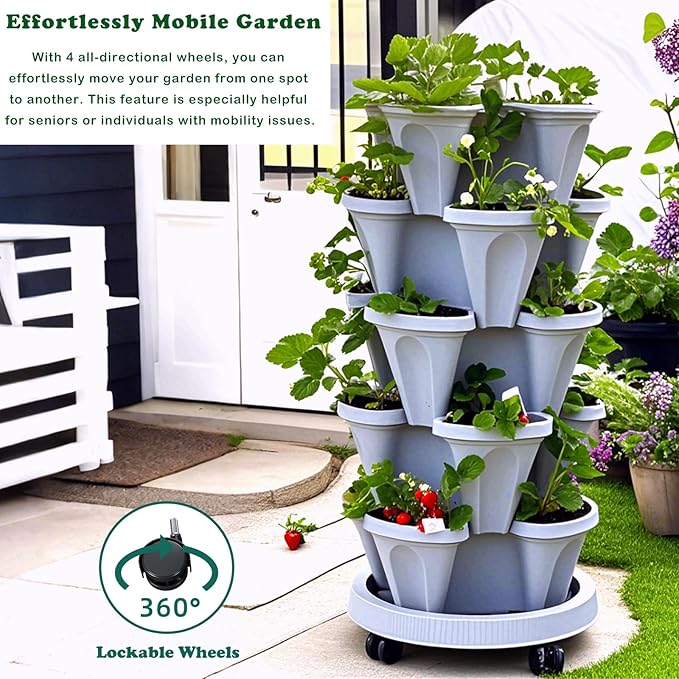 7 Tiered Strawberry Planters 3 Pack, Vertical Stackable Planter, Herb Stacking Tower Garden, Flower and Vegetable Planters with Support Pole Indoor and Outdoor with Removable Wheels Dark Grey