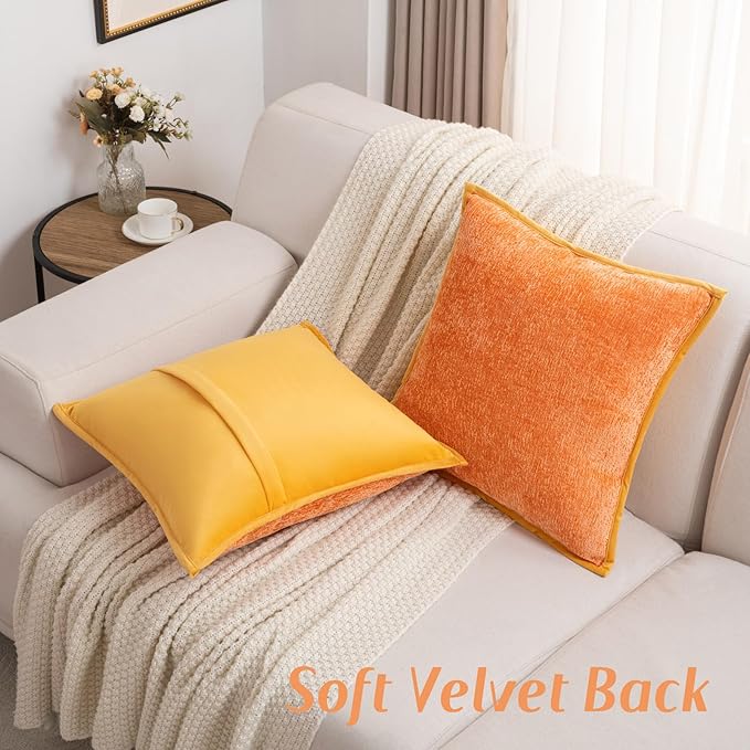 FUTEI Orange Chenille Throw Pillow Covers 20x20 Inch Set of 2,Soft Cozy Bound Edge Design Cushion Case,Home Decor for Couch Bed Living Room