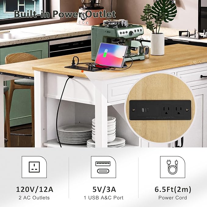 Merax Kitchen Island on Wheels with Extendable Dining Table & Power Outlet, Wood Kitchen Rolling Cart with Internal Storage Rack, 2 Drawers & 2 Cabinets, 47" Wide White