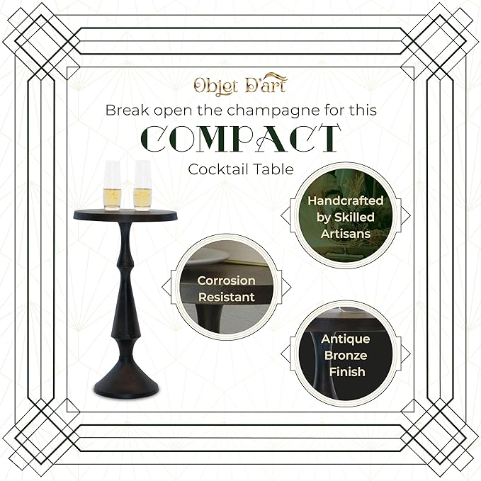 OBJET D'ART Small Round Black Side Table, Nero, 21" Height, Vintage Metal Accent, Side, Pedestal, Coctail and Drink Tables for Living Room and Small Spaces