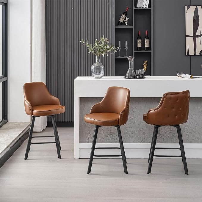 Bar Stools Set of 3, 26" Swivel Counter Height Bar Stools with High Back, Faux Leather Kitchen Barstools Counter Height for Kitchen Island (Dark Brown, 3PCS 26" Counter Stools)