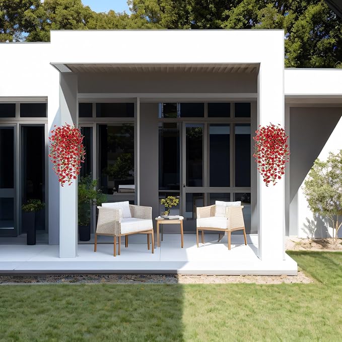 Artificial Hanging Flowers for Outdoors Faux Plants Decoration, 2 Packs Fake Silk Daisy Flower Realistic Outdoor Flowers UV Resistant Porch Patio Window Yard Outside Decor(Red)