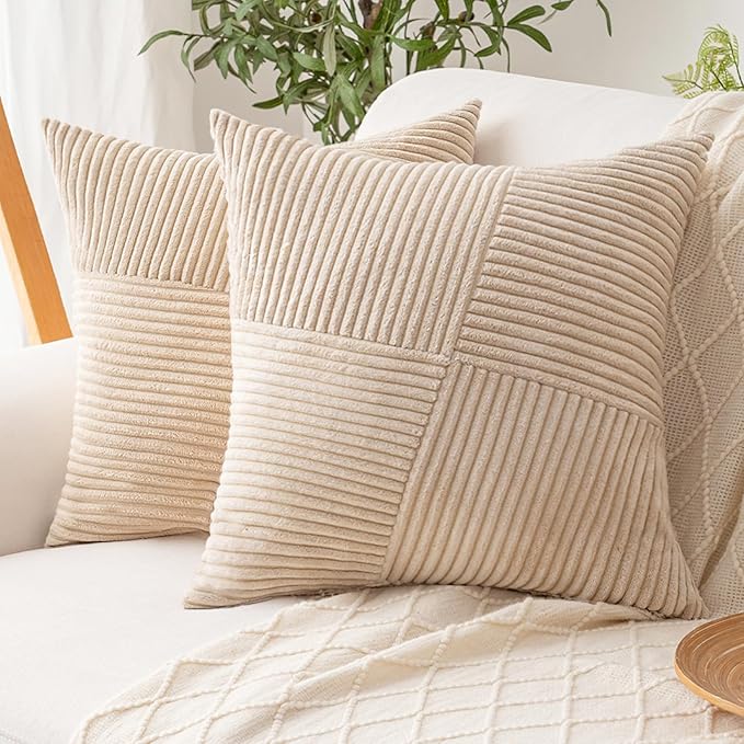 Decorative Throw Pillow Covers 16x16 Inch Set of 2 for Boho Living Room Farmhouse Home Decor, Spring Pillow Covers for Couch Bed, Soft Corduroy Striped Patchwork Cushion Cases, Tan