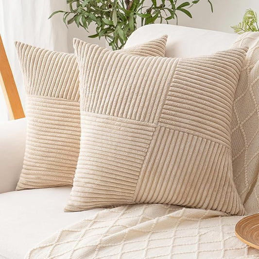 Decorative Throw Pillow Covers 16x16 Inch Set of 2 for Boho Living Room Farmhouse Home Decor, Spring Pillow Covers for Couch Bed, Soft Corduroy Striped Patchwork Cushion Cases, Tan