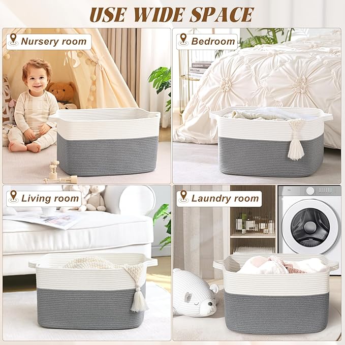 Large Blanket Basket, 100 L Rectangle Storage Baskets for Organizing, Woven Laundry Basket for Blankets, Cotton rope Blanket Storage for Living Room, Nursery Room, Gray