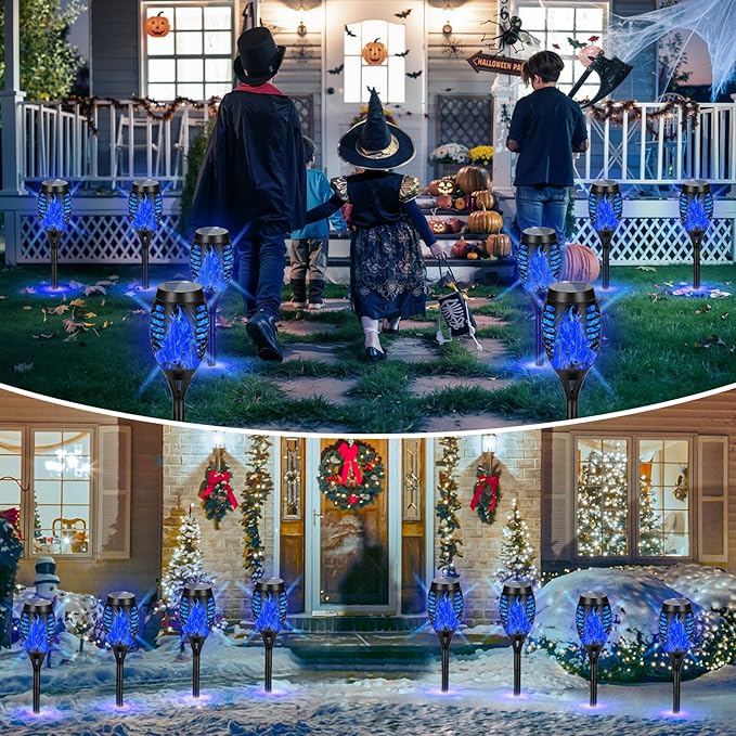 Solar Lights Outdoor, Upgraded 16 Pack Blue Solar Torch Light with Flickering Flame for Garden Decor, Waterproof Outdoor Lights Solar Powered, Tiki Torches for Outside Yard Patio Pathway Decor
