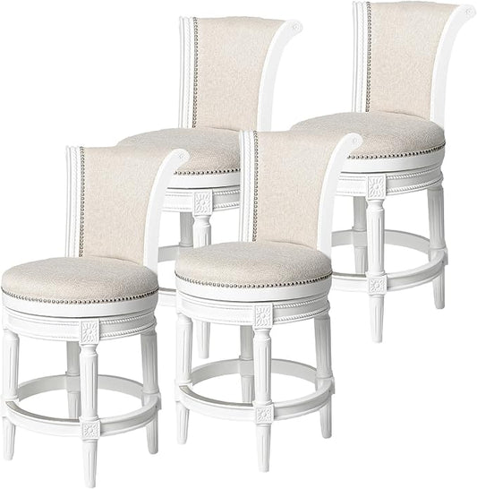 Maven Lane Pullman Counter Stool 26 Inches – Set of 4 – Swivel Stools with Footrest – White Solid Wood Frame & Natural Fabric Upholstery – Perfect for Kitchen Islands & Counters