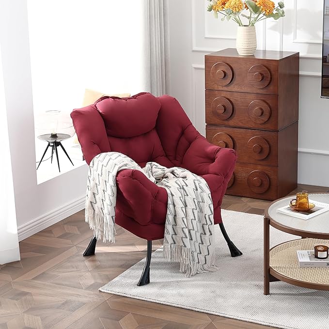 Welnow Lazy Chair for Living Room, Modern Reading Lounge Accent Chair with Armrests and a Side Pocket, Leisure Upholstered Lazy Sofa for Small Space, Bedroom, Dorm, Burgundy