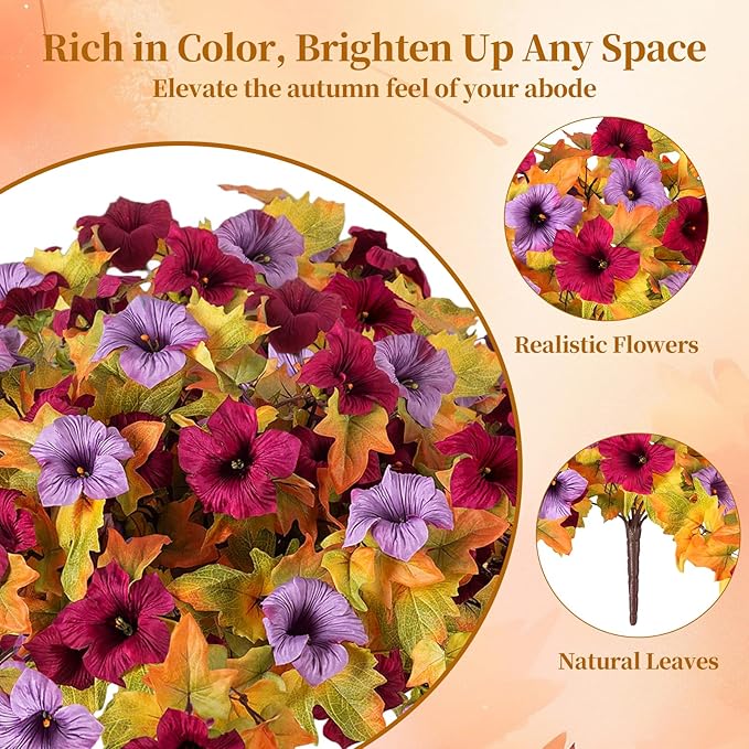 Artificial Fall Fake Flowers Plants for Outdoor Decoration,2 Pcs No Fade Faux Petunias,UV Resistant Realistic Autumn Silk Flowers,for Home Garden Balcony Yard Porch Deco (Burgundy Purple)