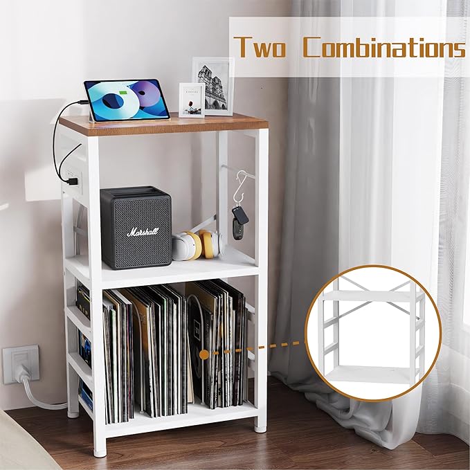 End Table with LED Light,Record Player Stand with Charging Station,Vinyl Records Storage,Turntable Stand Albums Storage for Music Room Studio-Industry White