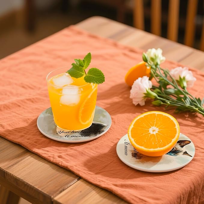 Absorbent Cat Coasters Set of 6 with Holder - Cute Kitty Design Ceramic Coasters for Drinks, Home Decor Gifts for Pet Owners, Birthday Gifts