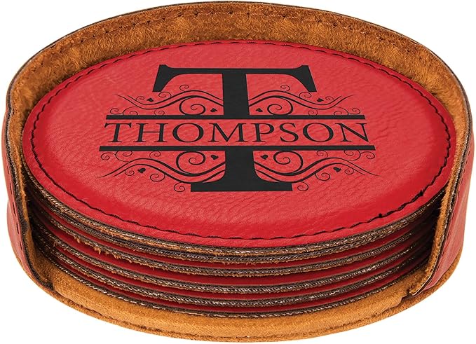 Custom Engraved Coasters | Personalized Leather Coaster | Set of 6 | Drink Coasters with Holder | Laser Engraved | Tabletop Protection | Gift for Couples (Round 4", Red w/Black)