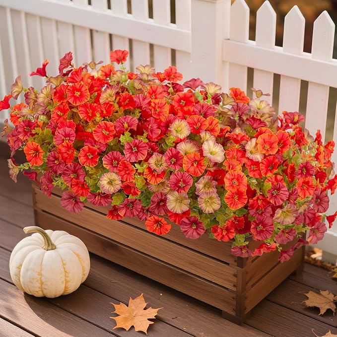 Fall Artificial Flowers for Decoration, 12 Bundles Fake Autumn Flower Plants Petunias, Faux Silk Morning Glory Eucalyptus for Planter Garden Porch Front Door Window Box, Red Orange
