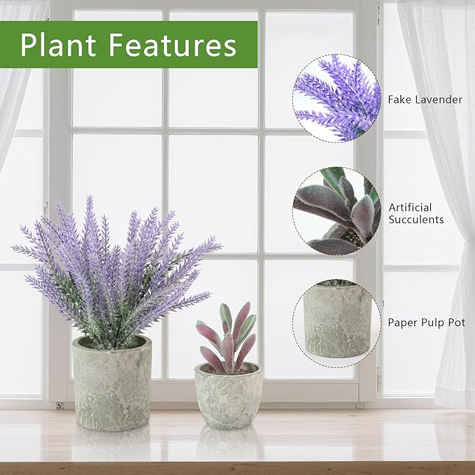 ALAGIRLS 4 Packs Fake Plants Small Artificial Plants for Shelf Lavender Flowers Eucalyptus Succulents Plants Potted Faux Plants for Home Indoor Office Bathroom Living Room Decor