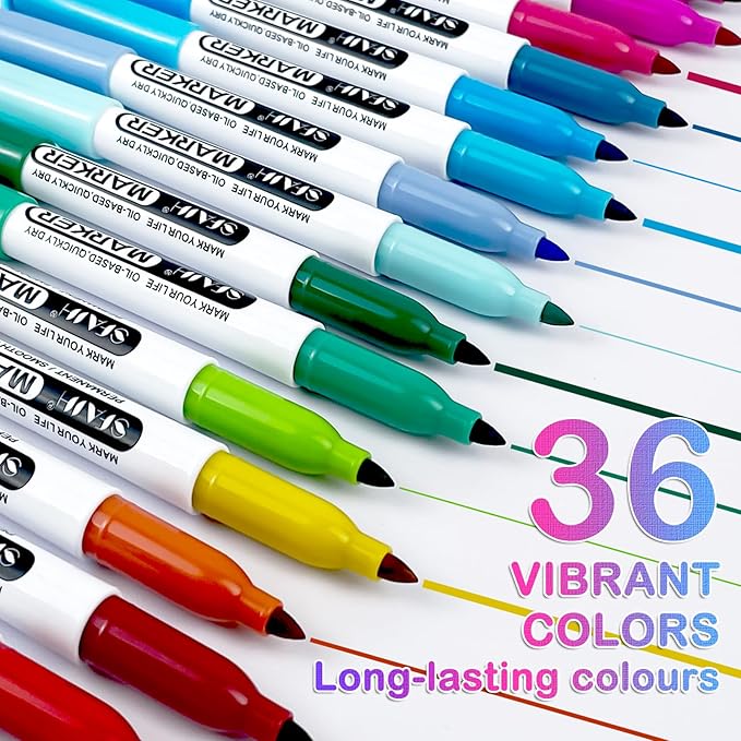 SFAIH 36 Colors Permanent Markers - Assorted Vibrant Colors, Quick Drying, Fade Resistant, Alcohol-Based Fine Point Permanent Markers for Paper, Plastic, Wood, Coloring, Drawing Doodling, Waterproof
