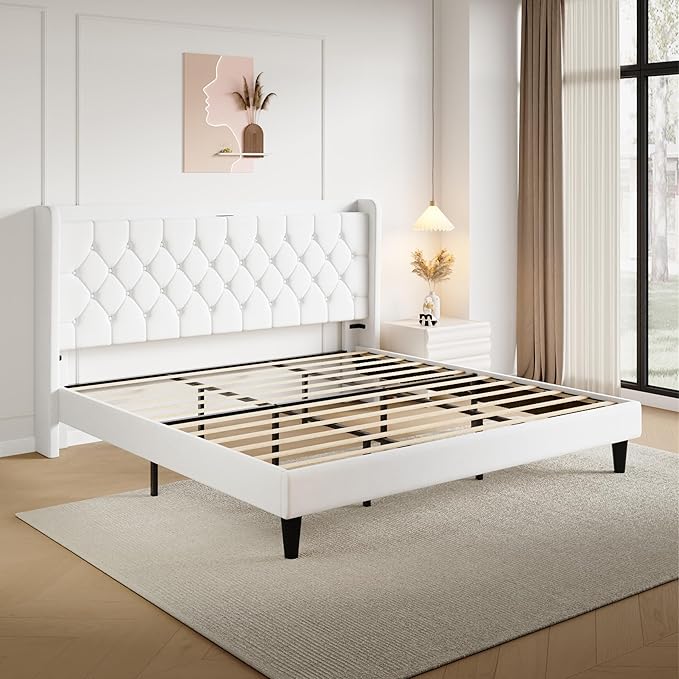 SHA CERLIN King Size Platform Bed Frame with Charging Station, Velvet Wingback Headboard with Storage Shelf, Wooden Slats Support, Ample Under-Bed Space, No Box Spring Needed, Easy Assembly, White