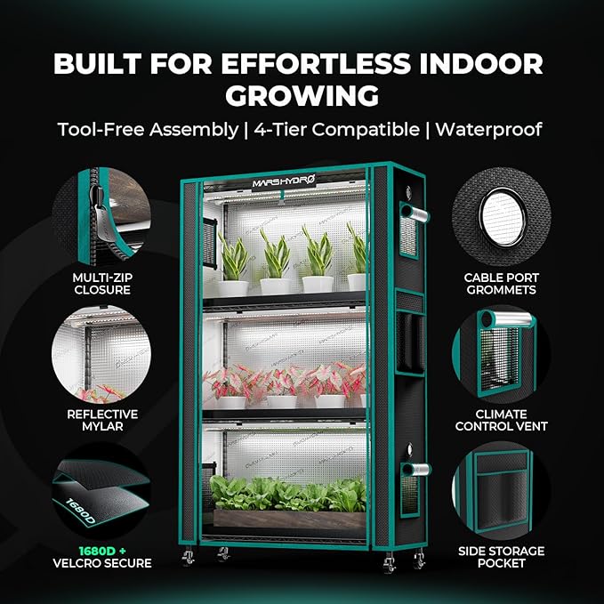 MARS HYDRO 2025 Plant Stand with Grow Lights,6-Tier Plant Shelf with 10 Full Spectrum LED Lamps (225W, 3ft) & Grow Tent | for Vegetables, Seedlings, Plant Growth | 5000K, 43x16x71''