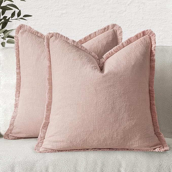 MIULEE Decorative Throw Pillow Covers Neutral Linen Fringe Throw Pillows Set of 2 Light Pink Boho Farmhouse Cushion Covers for Couch Sofa Bed Living Room Spring Home Decor 20x20 Inch