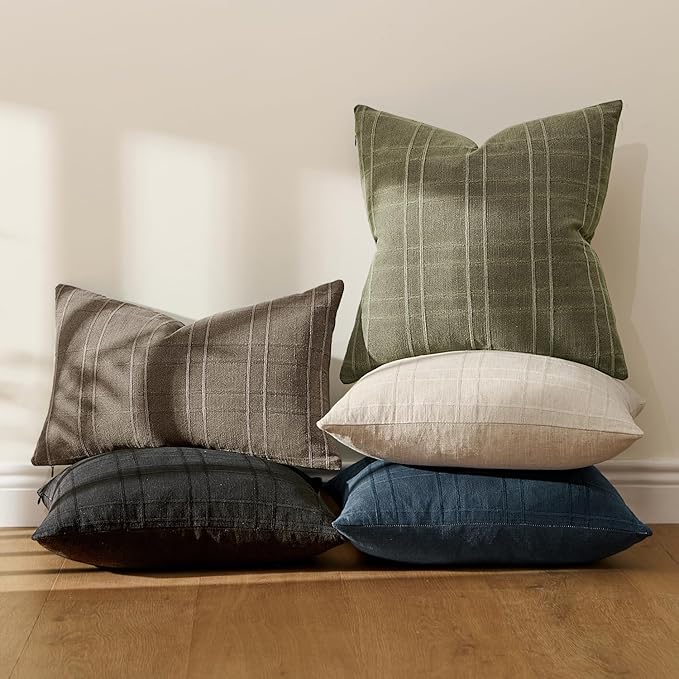 MIULEE Decorative Linen Check Throw Pillow Covers Neutral Farmhouse Vintage Pillow Covers 18x18 Set of 2 Boho Modern Home Decor for Sofa Couch Bedroom Cushion Sage Green