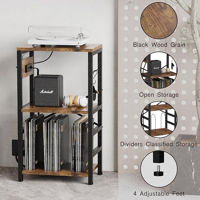 End Table with LED Light,Record Player Stand with Charging Station,Vinyl Records Storage,Turntable Stand Albums Storage for Music Room Studio-Modern Brown