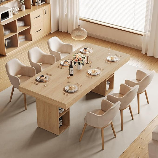 GarveeHome 71-Inch Rectangular Dining Table with Storage, Large Dining Table for 6-8 w/Large Tabletop & Sturdy Frame, Wooden Kitchen Table with Double Pedestal, for Dining Room, Office, Oak