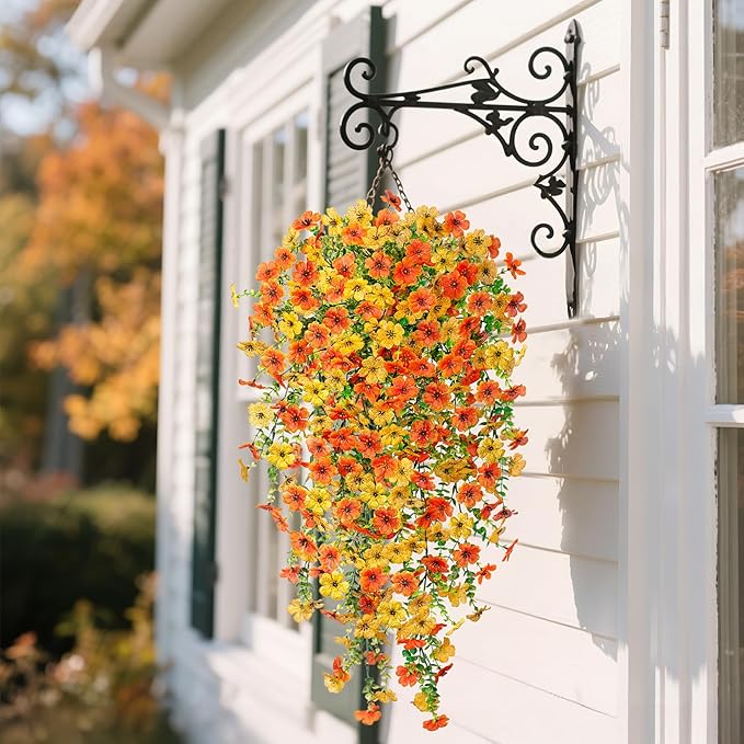 Fake Mums Artificial Hanging Flowers for Outdoor Fall Decoration, 2 PCS Silk Daisy Flower Realistic Faux Plants UV Resistant for Porch Patio Window Yard Outside Autumn Decor(Yellow Orange)