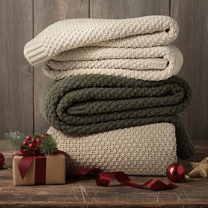 EVERGRACEHOME Chunky Chenille Knit Throw Blanket for Couch, Soft Luxurious Moss Stitch Blankets for Bed, Cozy Decorative Farmhouse Knitted Throws for Sofa, Sand Dune, 50" x 60"