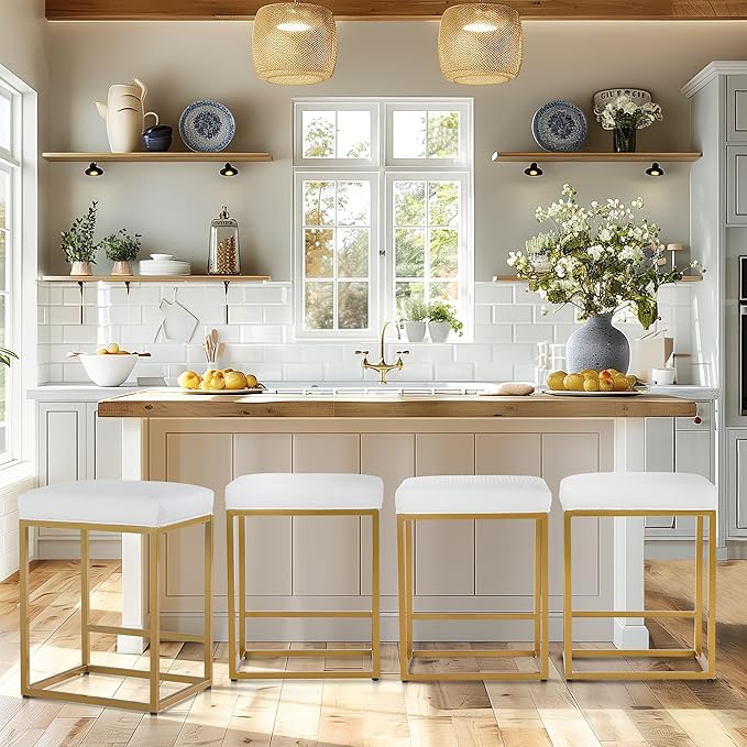 PHI VILLA White and Gold Bar Stools Set of 2 - Thick Cushion Metal Steel Frame Base with Footrest 24 Inch Barstools, Counter Height Bar stools