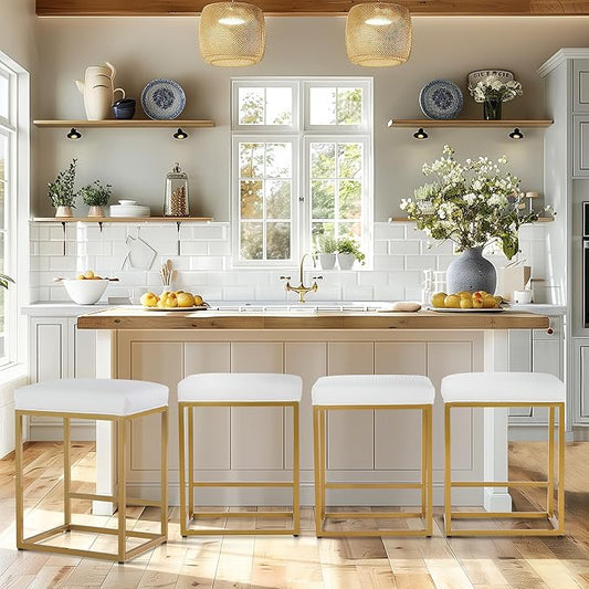 PHI VILLA White and Gold Bar Stools Set of 4-24 Inch Backless Bar Stools Metal Steel Frame Base with Footrest, Counter Height Bar stools