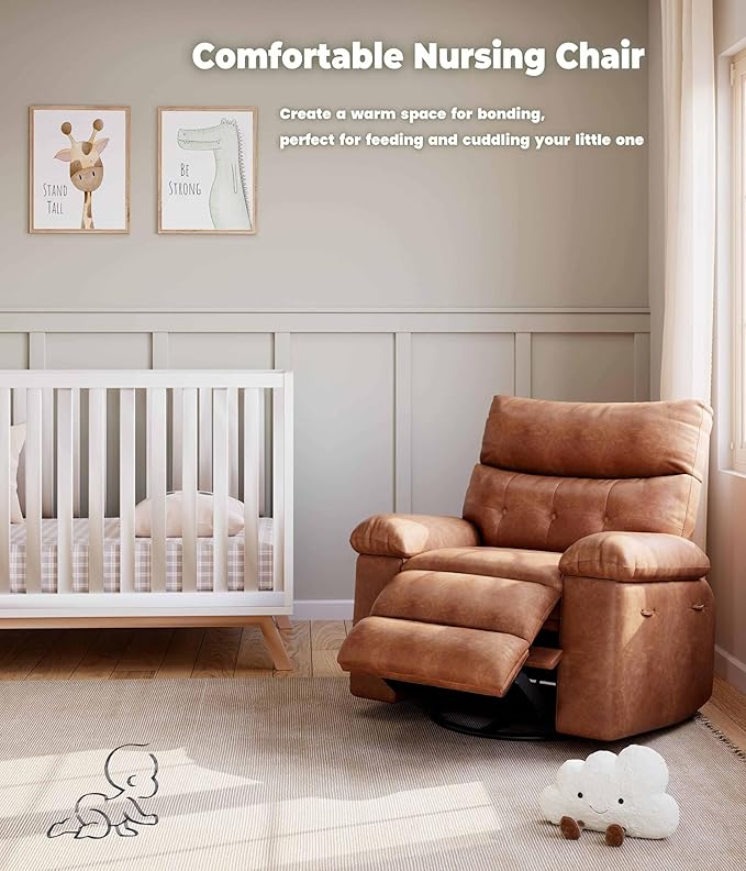 GarveeHome Oversized Rocker Swivel Recliner Chair - PU Leather Extra Wide Manual Recliner for Adults, Large Lazy Chair with 1.5X Sponge Comfort Arm and Back for Living Room, Bedroom