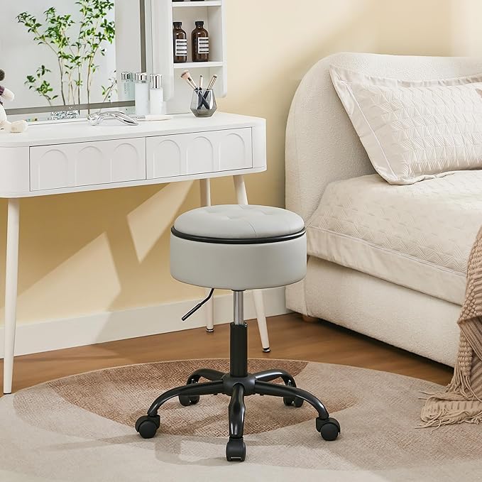 Rolling Chair (Stool & Small Table in One) (Adjustable Height Leather Pedicure Chair 20.67"-24.61"), Gray Tattoo Stool with Storage