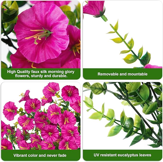Artificial Faux Hanging Flowers Plant for Outdoor Decor,2 PCS Fake Silk Morning Glory with Eucalyptus UV Resistant Realistic Trailing Vine for Wall Home Porch Patio Balcony Yard Indoor Decor, Fuchsia
