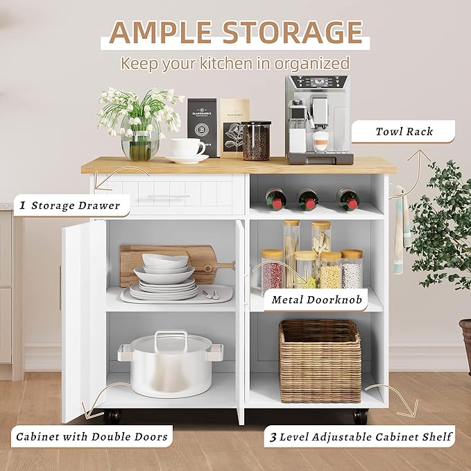 Shintenchi Kitchen Island Cart with Storage,Rolling Kitchen Island Side Table on Wheels with Large Worktop,Storage Cabinet,Towel Rack and Drawers for Kitchen,Dinning Room,White