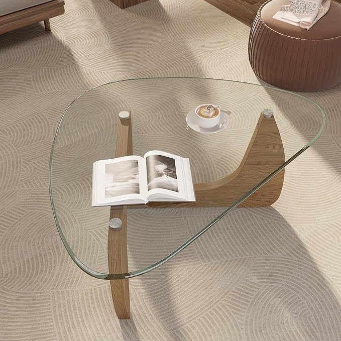 Modern Glass Coffee Table, Triangle Center Table with Tempered Glass Top& Unique Wooden Base, 42.5” Mid Century Tea Tables for Living Room, Apartment, Office,Wood &Transparent