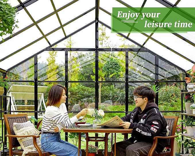 Jocisland 12x13.5x9 FT Polycarbonate Greenhouse, Outdoor Aluminum Greenhouse with 4 Ventilation,Quick Connect Fittings, 6.7 FT Height Double Doors, Fit for Backyard, Black