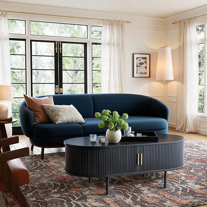 Modern Coffee Table with Storage, 47.2" Oval Fluted Coffee Table with Sliding Doors, Minimalist Tea Table with Wood Grain Veneer, Mid Century Center Tables for Living Room, Apartment, Black