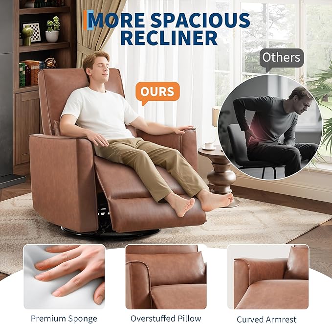 GarveeHome Recliner Chair, 360° Swivel Rocker Glider Nursery Chair with Padded Armrest and Deep Seat, PU Leather Upholstered Reclining Sofa Chair for Living Room, Bedroom and Nursery (Brown)