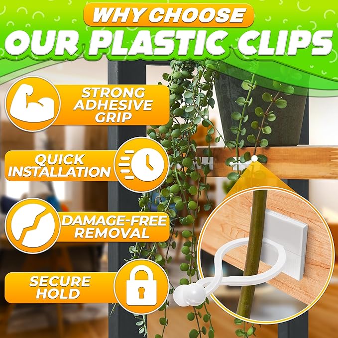100Pcs Clear Plant Clips for Climbing Plants Indoor - White & Flexible Climbing Plant Wall Clips for Vines Organize - Universal Size Vine Clip Set with Sticky Mount, Easy Installation & Strong Grip