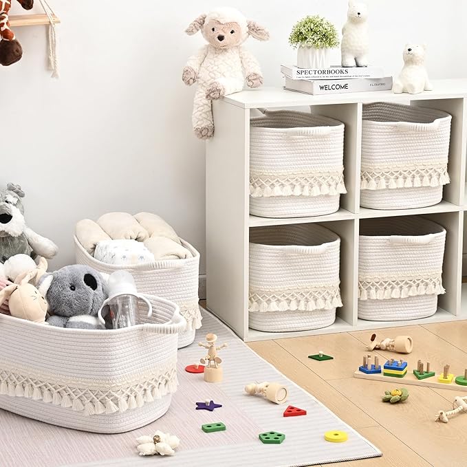 2 Pack Storage Basket for Shelves, Boho Cotton Rope Storage Bins with Heavy Tassel, Shelf Baskets Large Woven Baskets for Organizing, Cube Organizer Bins, Baby Laundry Basket for Clothes, Toys, Pets