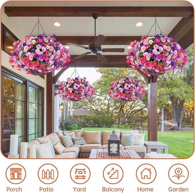 Artificial Hanging Faux Flowers Basket, Fake Silk Petunias Plants Arrangement,for Spring Summer Outdoor Decoration,UV Resistant, Morning Glorias,for Home Garden Decor (PinkPurple)