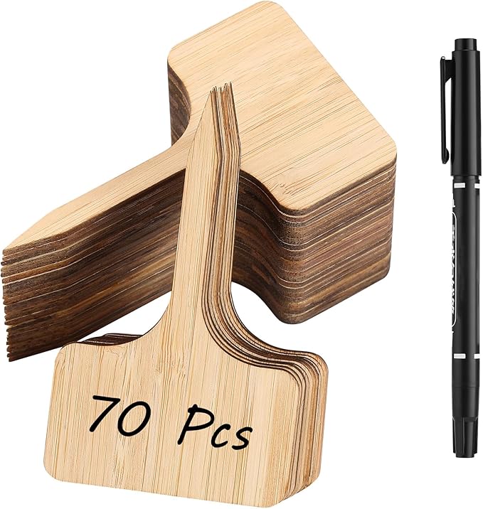 70Pcs Bamboo Plant Labels with 1 Marker Pen, T-Type Natural Seedling Nursery Sign Tags, Wood Garden Markers Decorative Patio Tags for Outdoor Indoor Potted Plants Herbs Flowers Vegetables