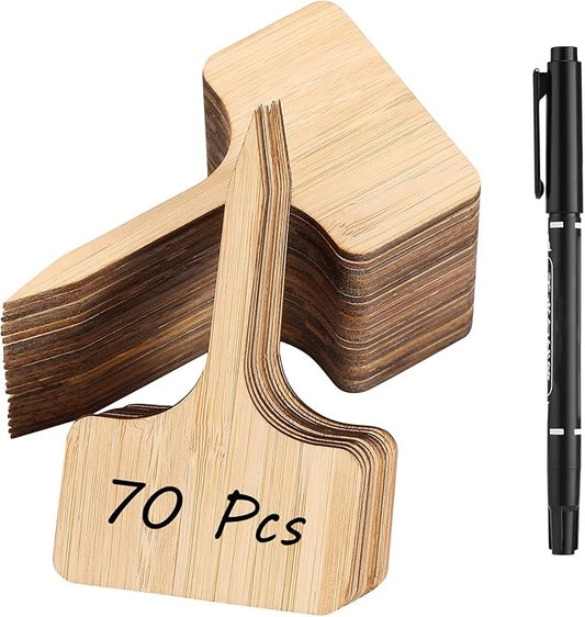 70Pcs Bamboo Plant Labels with 1 Marker Pen, T-Type Natural Seedling Nursery Sign Tags, Wood Garden Markers Decorative Patio Tags for Outdoor Indoor Potted Plants Herbs Flowers Vegetables