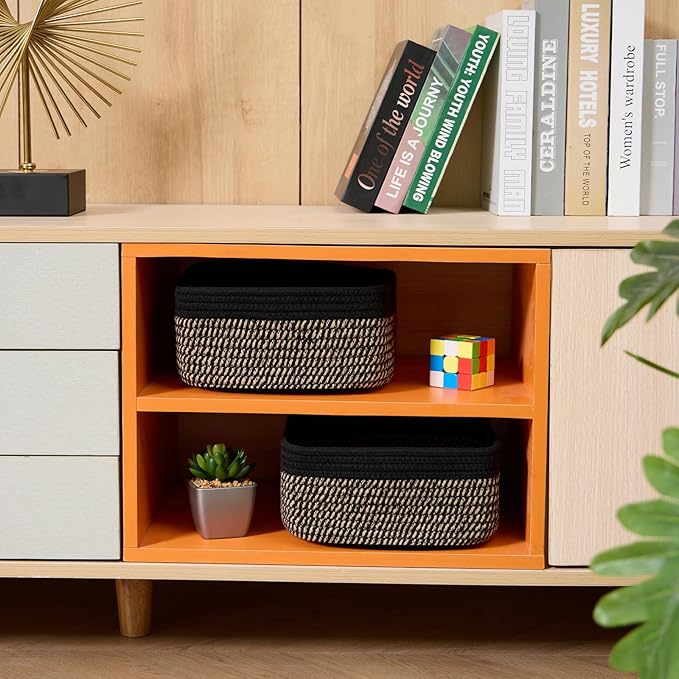 Small Square Shallow Baskets for Organizing, 9.7x9.7x4.3 Inch Rope Woven Storage Bins for Cubes Closet, Shelves Storage, Boho Decorative Basket, 2 Packs Black Brown
